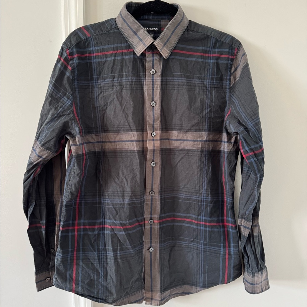 Men’s Express Plaid Button-Down Collared Dress Shirt Slim Fit